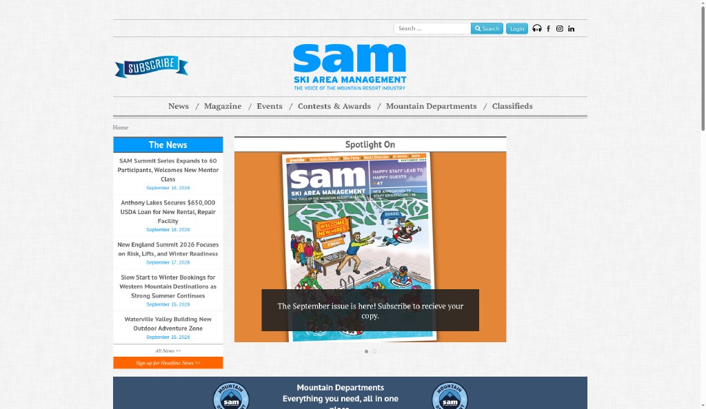 Ski Area Management archive homepage at old.saminfo.com
