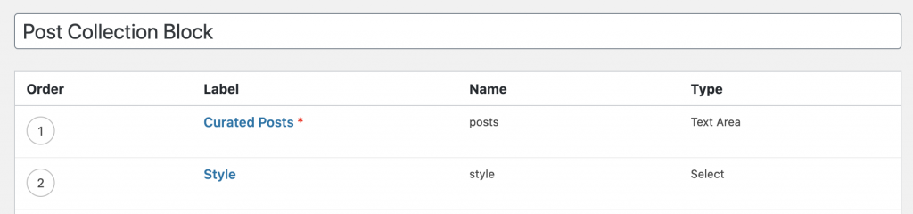 A screenshot showing two field groups for ACF Blocks: a list of styles and a textarea for curated post IDs.