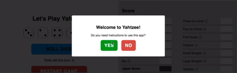 gif of a screenshot of a yahtzee game, with a pop up that says Welcome to Yahtzee! 